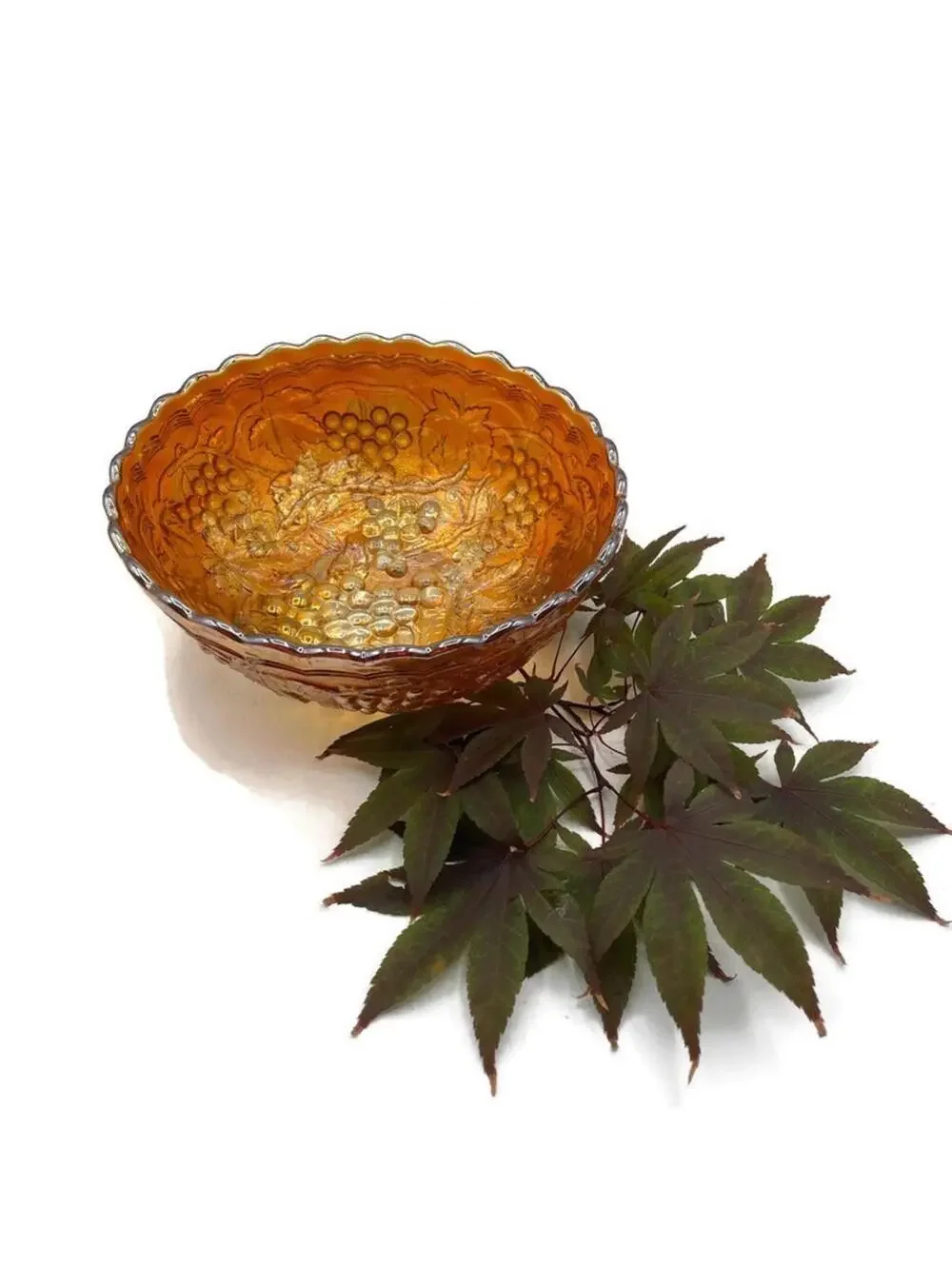 1920s Imperial Carnival Glass Bowl: Marigold Grapes & Leaves, Autumn Decor